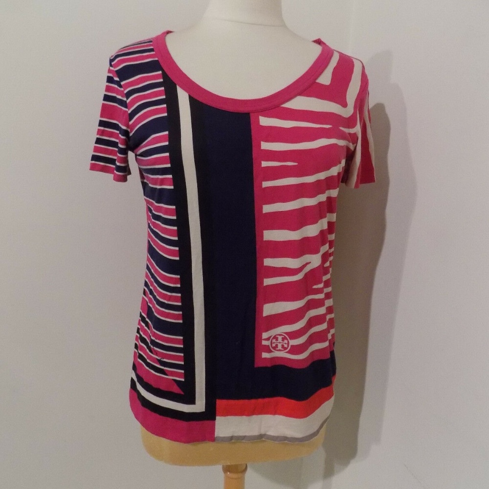 TORY BURCH Dark Pink and Navy Print Tee,  Small
